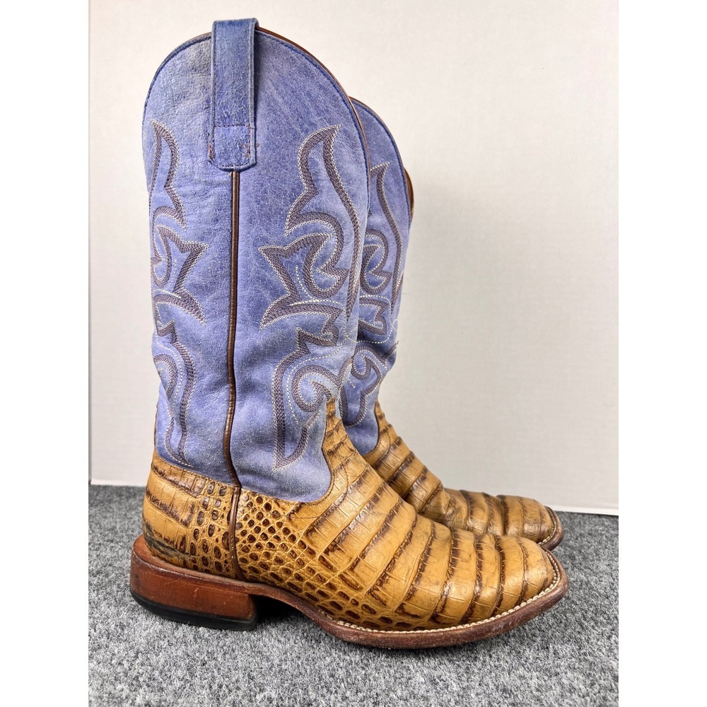 Anderson Bean Caiman Print Western Boots Tan Blue Suede Square Toe Exotic 10.5D